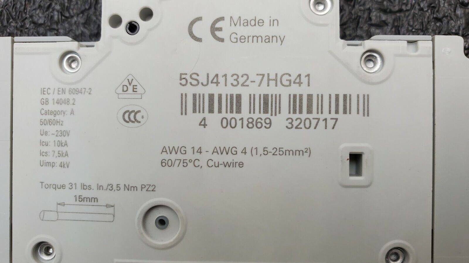 SIEMENS 5SJ4132-7HG41 Circuit Breaker 5SJ41, 32A, 240 V, 50/60Hz Type HSJ 1-Pole