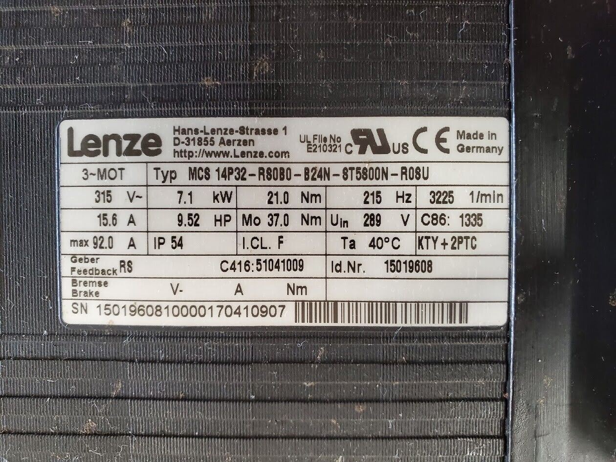 Lenze MCS 14P32-R80B0-B24N-8T5800N-R08U 7.1kW 9.5HP 3PH Servo Motor Working "B"