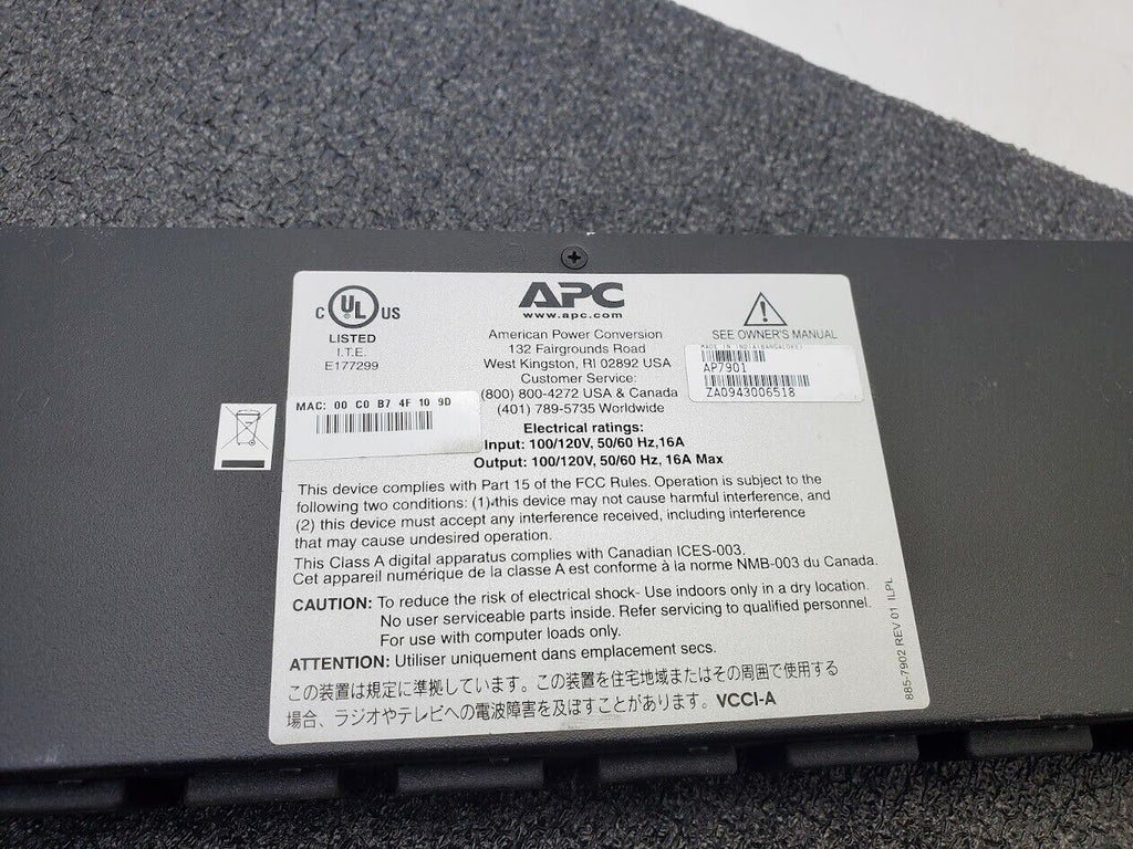 APC AP7901 Switched Rack PDU 1U 16A 120V Rack Mountable NEMA L5-20P Plug