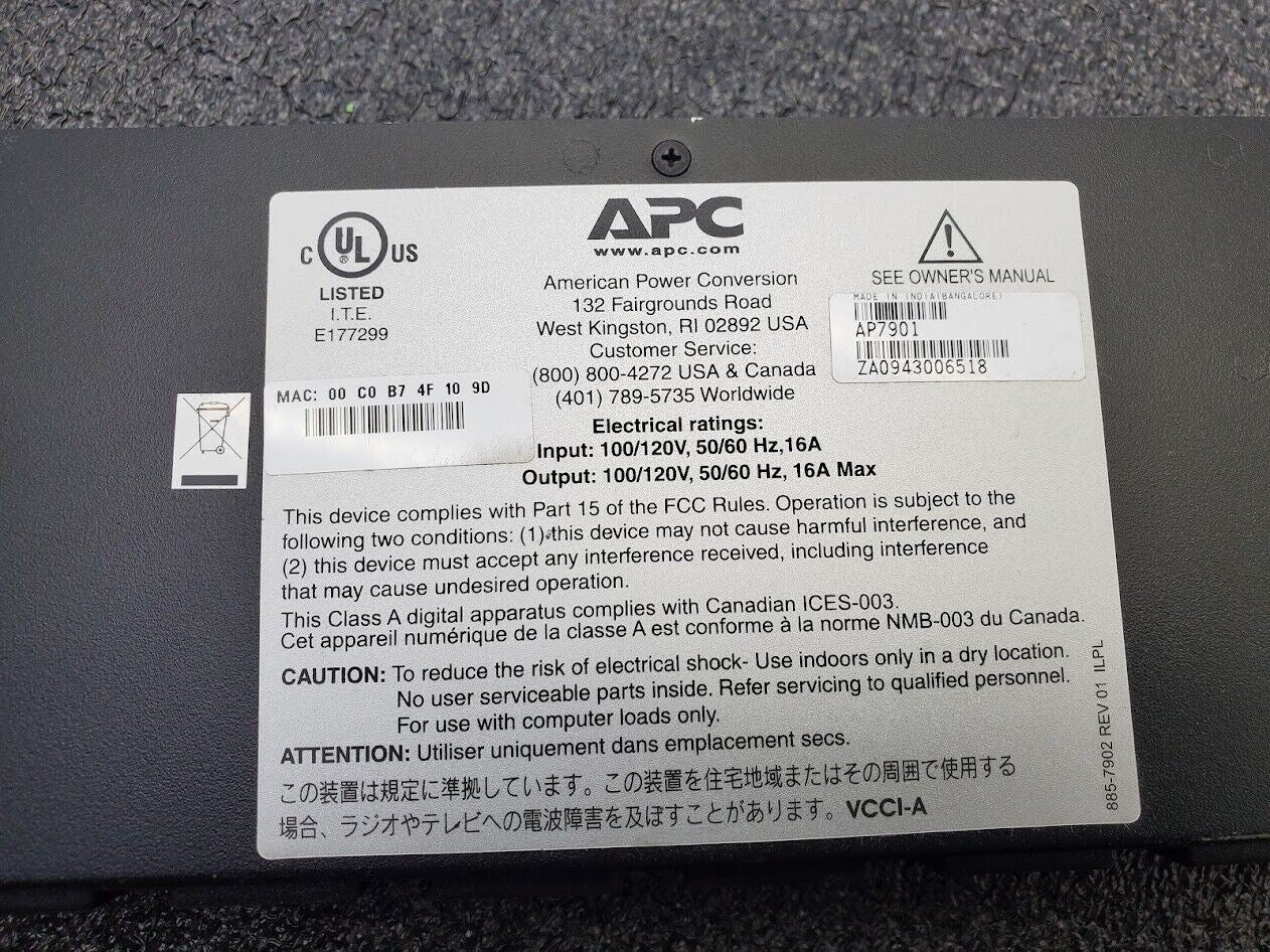 APC AP7901 Switched Rack PDU 1U 16A 120V Rack Mountable NEMA L5-20P Plug