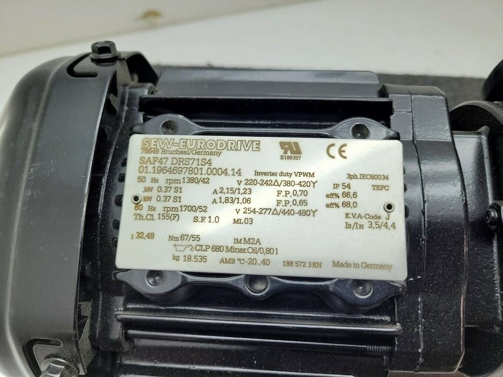 Sew-EuroDrive SAF47 DRS71S4 Gear Motor 32:1 Right Angle Gearhead 220-480V 3PH