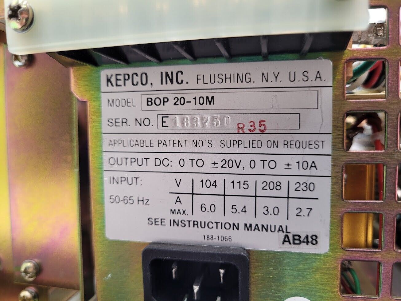 Kepco BOP 20-10M BOP2010M Bipolar Power Supply Amplifier Parts/Repair No Cover