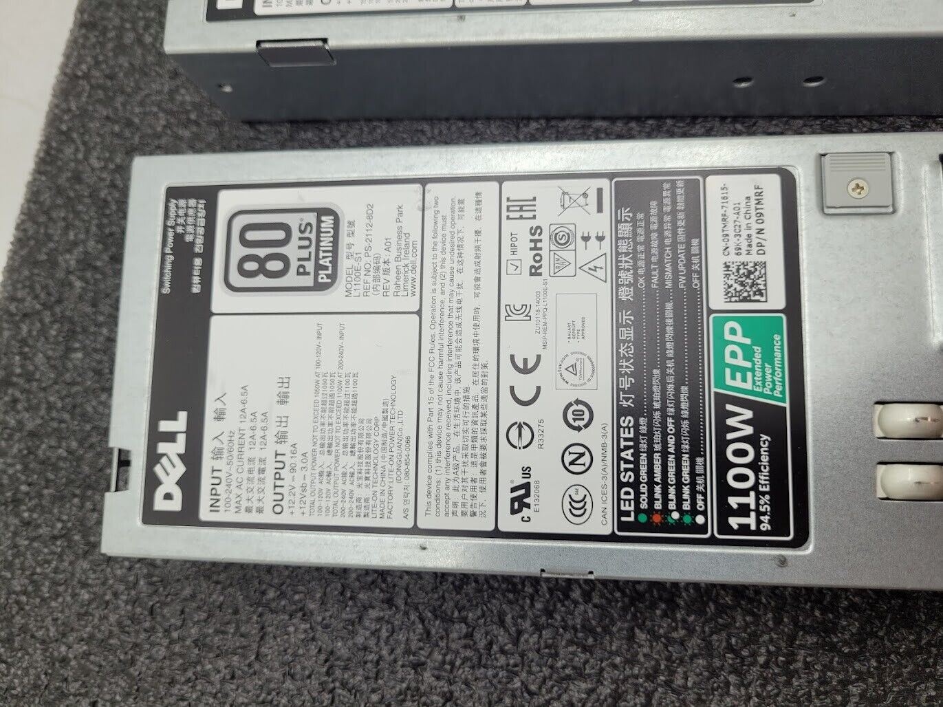 Lot of 2 Dell 1100w 80 Plus Platinum EPP D1100E-S1 0Y26KX 09TMRF