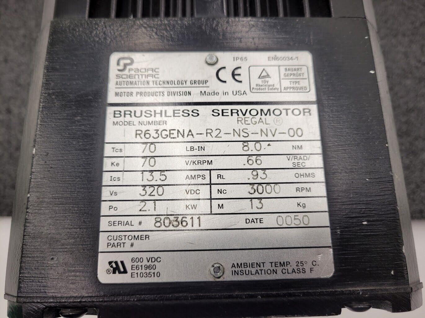 Pacific Scientific R63GENA-R2-NS-NV-00 3000RPM Brushless DC Servo Motor 2.1kW