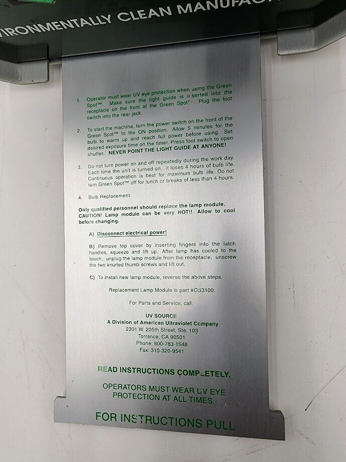 American Ultraviolet GREEN SPOT UV Curing System w/ Timer and Foot Pedal NO Lamp