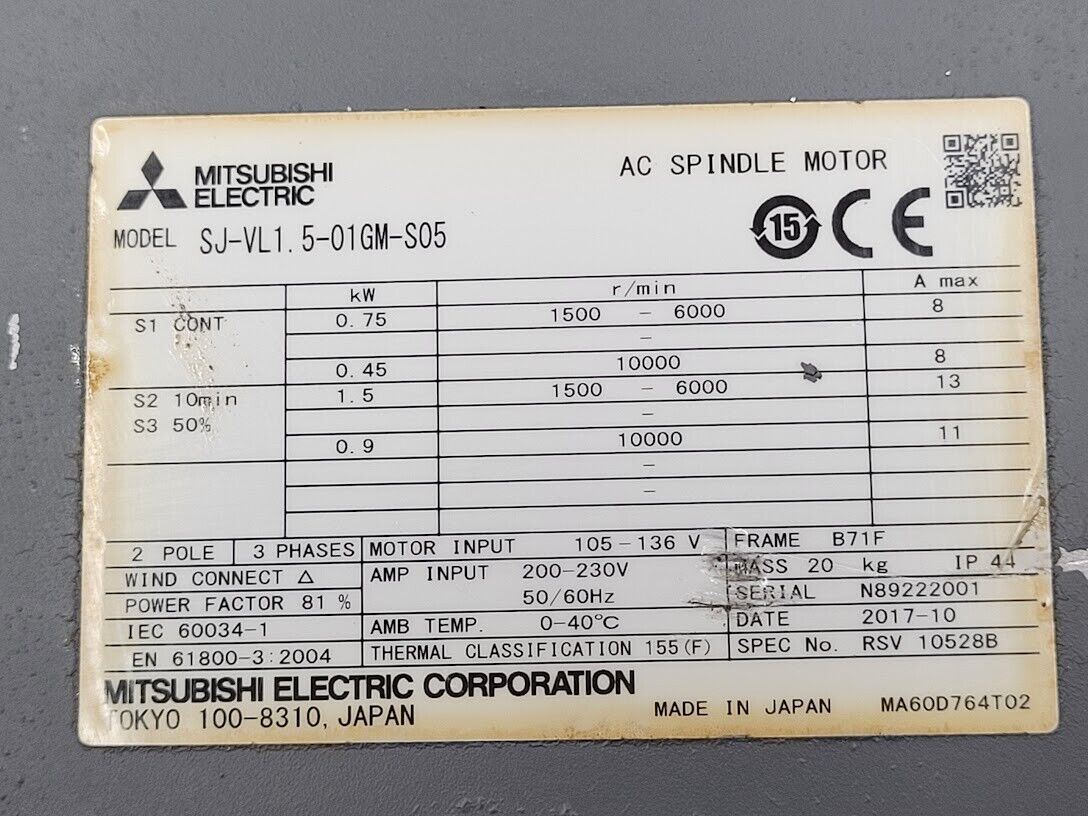 Mitsubishi Electric AC Spindle Servo Motor SJ-VL1.5-01GM-S05 0.75Kw Continuous
