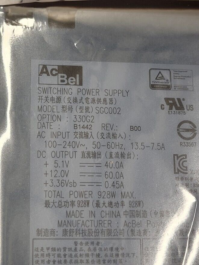 ACBel 1000w Disk Array JBOD Power Supply PFRUVE02-01 81-00000109-00-01 SGC002