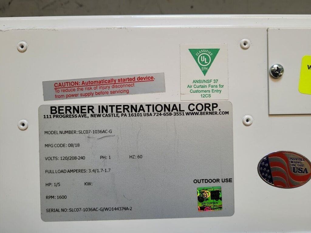 BERNER SLC07-1036AC-G 36" Wide Low Profile Air Curtain 8" Deep Outdoor Use 115V