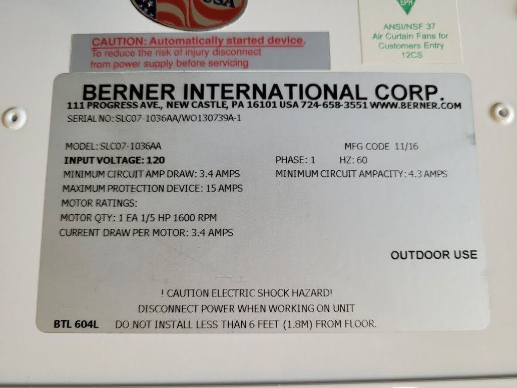 BERNER SLC07-1048AA 48" Wide Low Profile Air Curtain 8" Deep 120VAC 3.4A 1/5HP