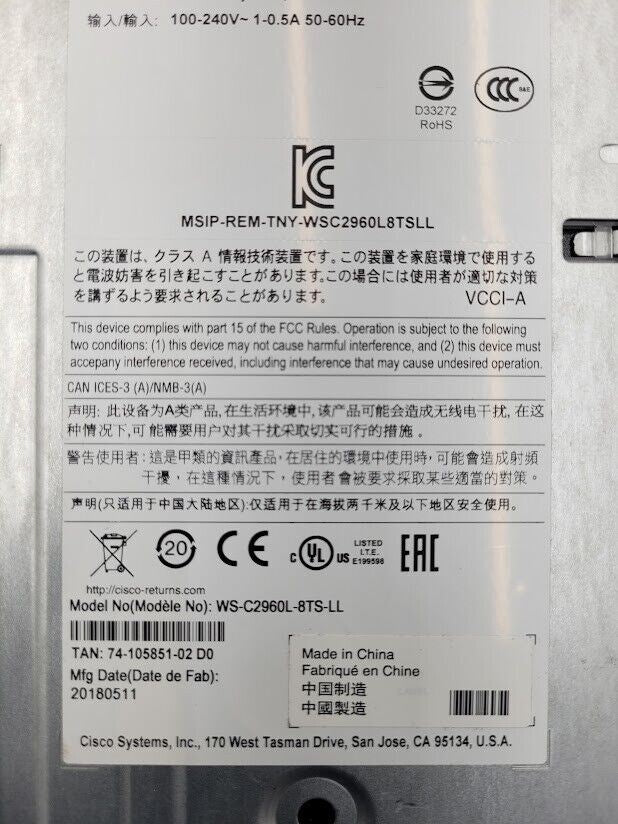 CISCO WS-C2960L-8TS-LL 8 Port GigE 10/100/1000 2 x SFP Ethernet Switch 2960L-8TS