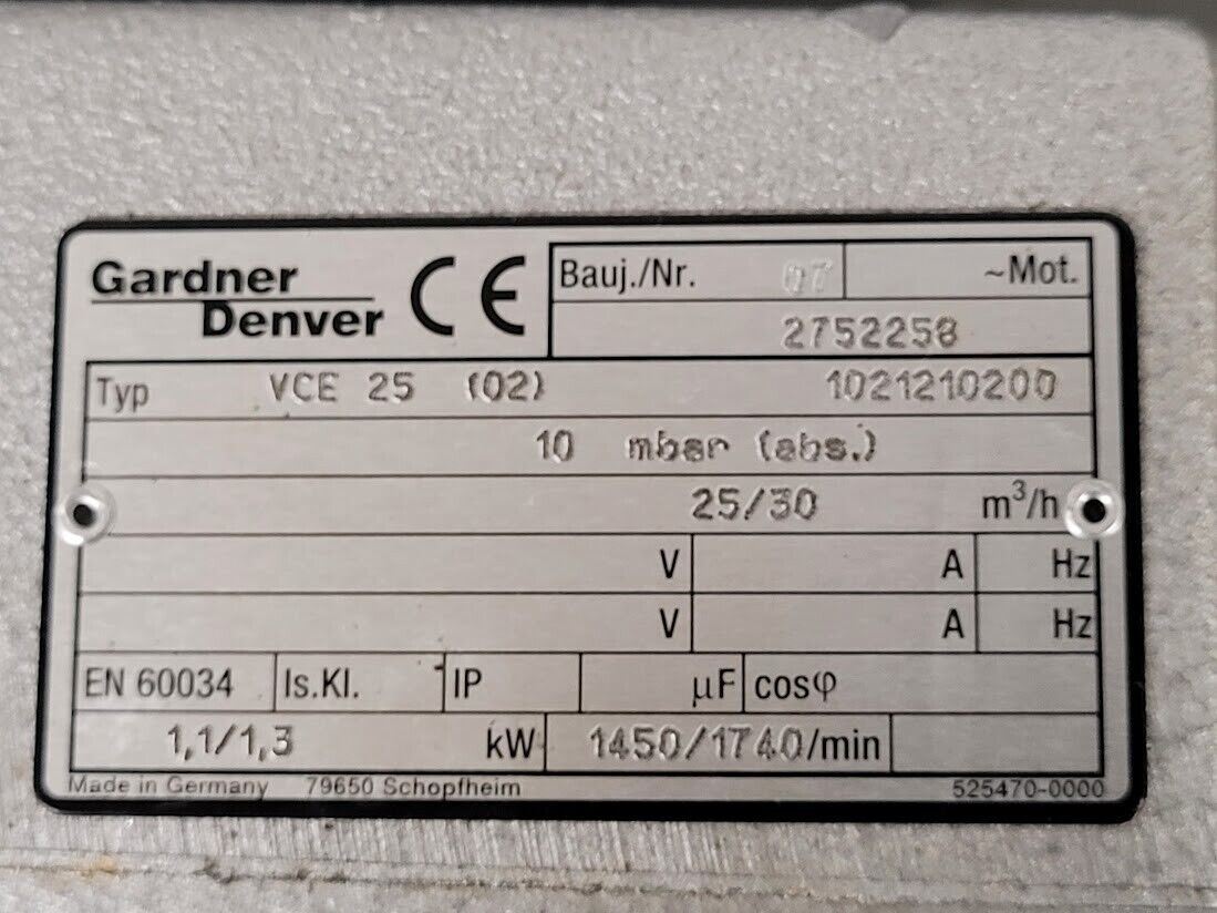 Elmo Rietschle Gardner Denver VCE-25 Rotary Vane Vacuum Pump 1.5HP 3PH 230/480V