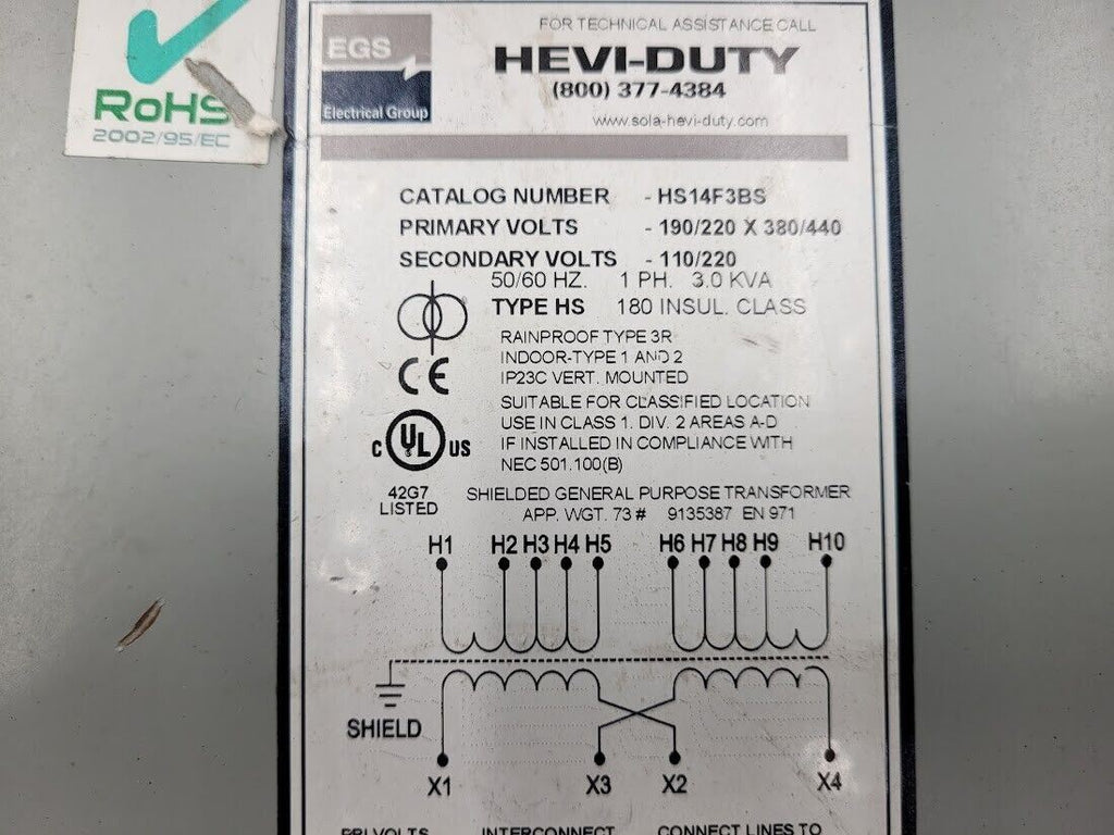 Emerson Hevi-Duty Transformer HS14F3BS 3kVA Pri: 190/220x380/440V Sec: 110/220