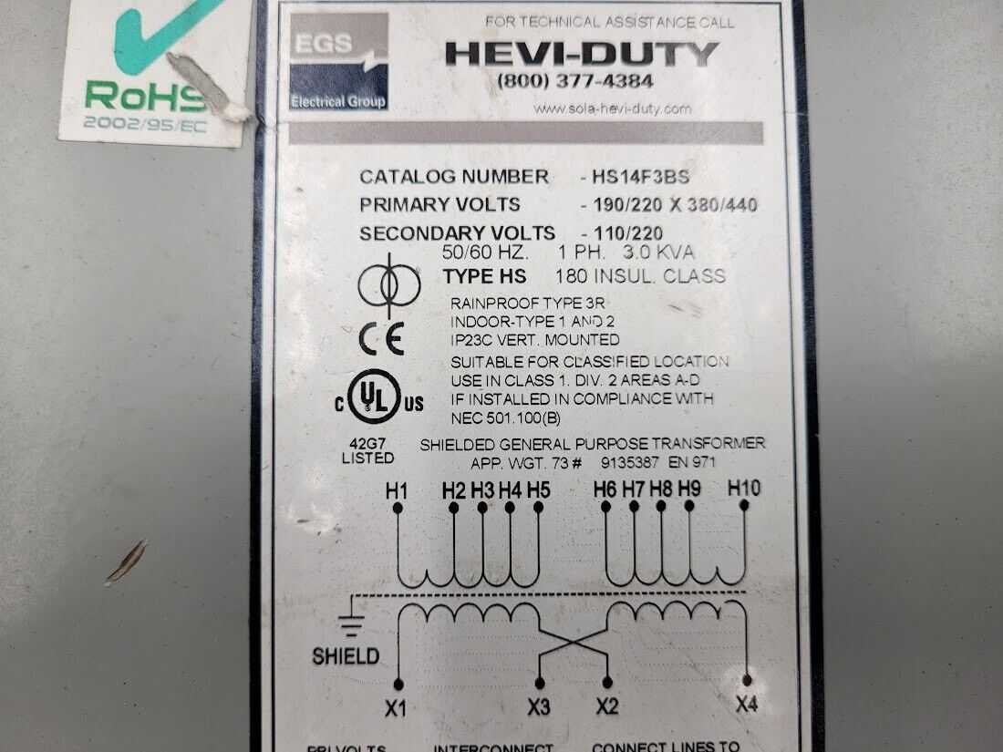 Emerson Hevi-Duty Transformer HS14F3BS 3kVA Pri: 190/220x380/440V Sec: 110/220