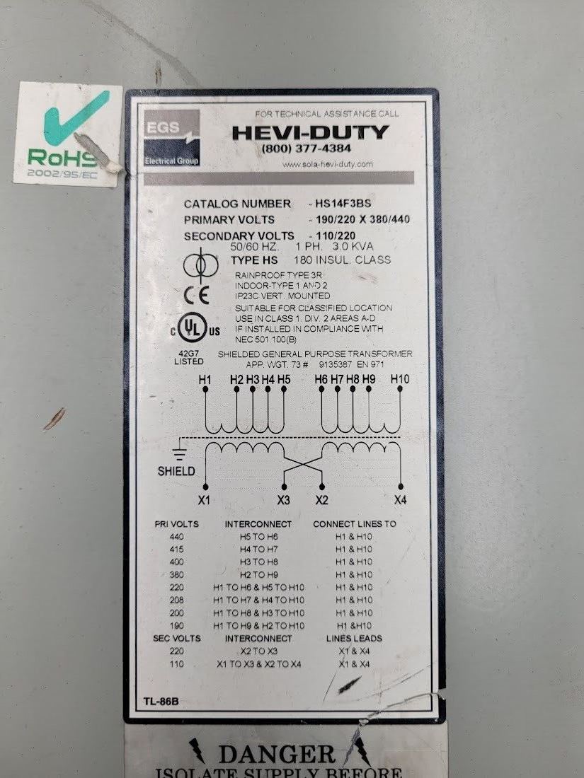 Emerson Hevi-Duty Transformer HS14F3BS 3kVA Pri: 190/220x380/440V Sec: 110/220