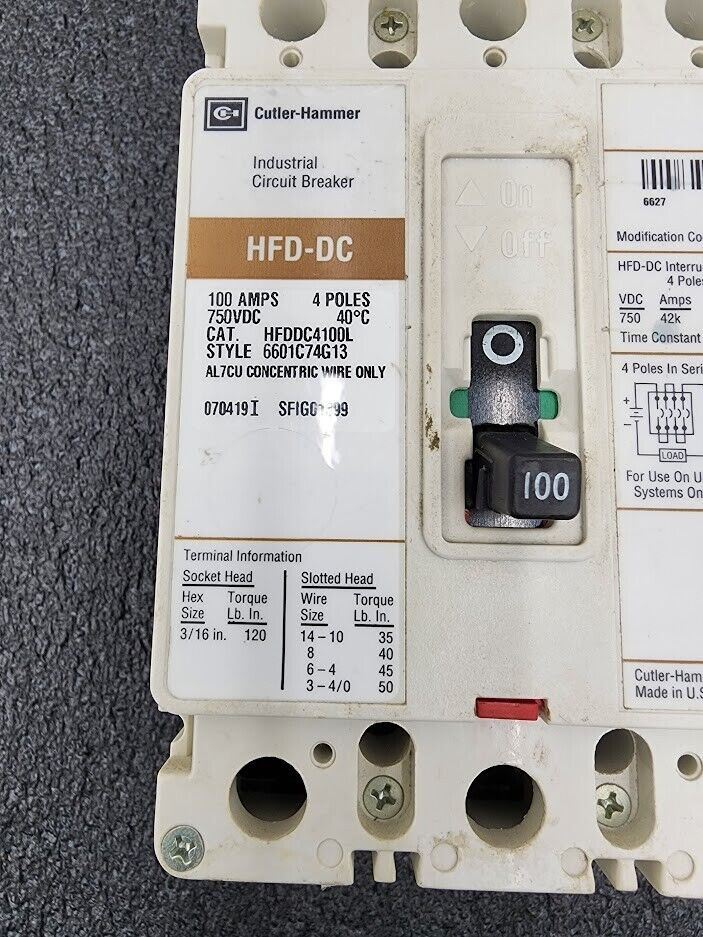 Cutler-Hammer Industrial Circuit Breaker HFD-DC 100 AMPS, 4 Poles, 750VDC