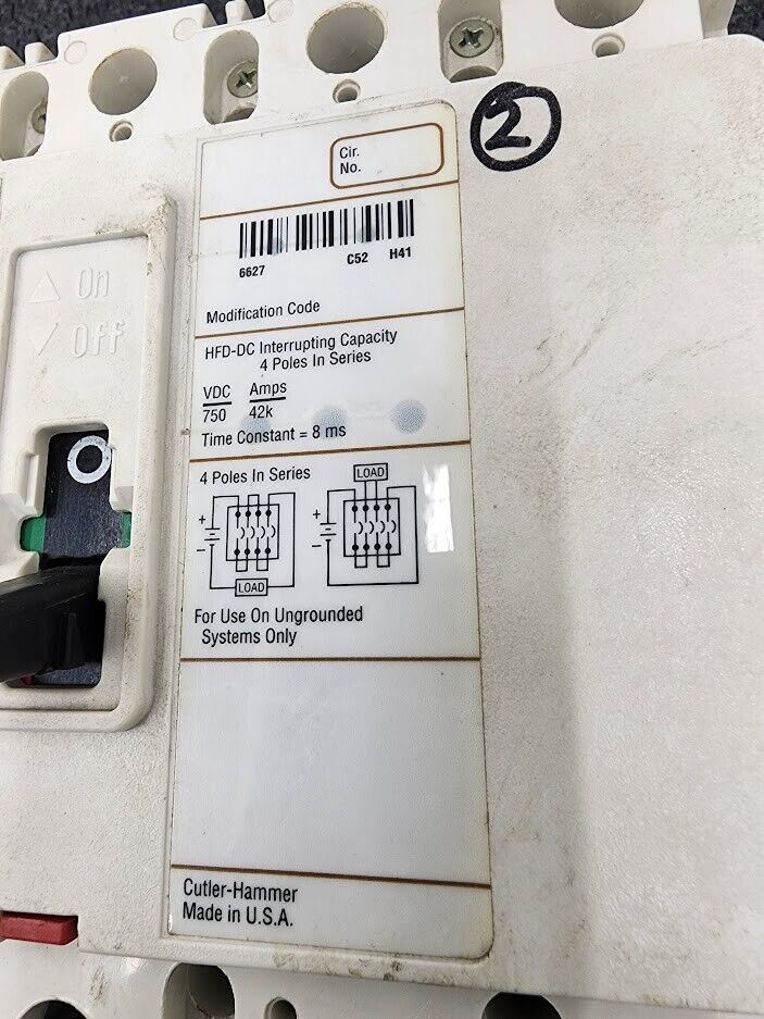 Cutler-Hammer Industrial Circuit Breaker HFD-DC 100 AMPS, 4 Poles, 750VDC