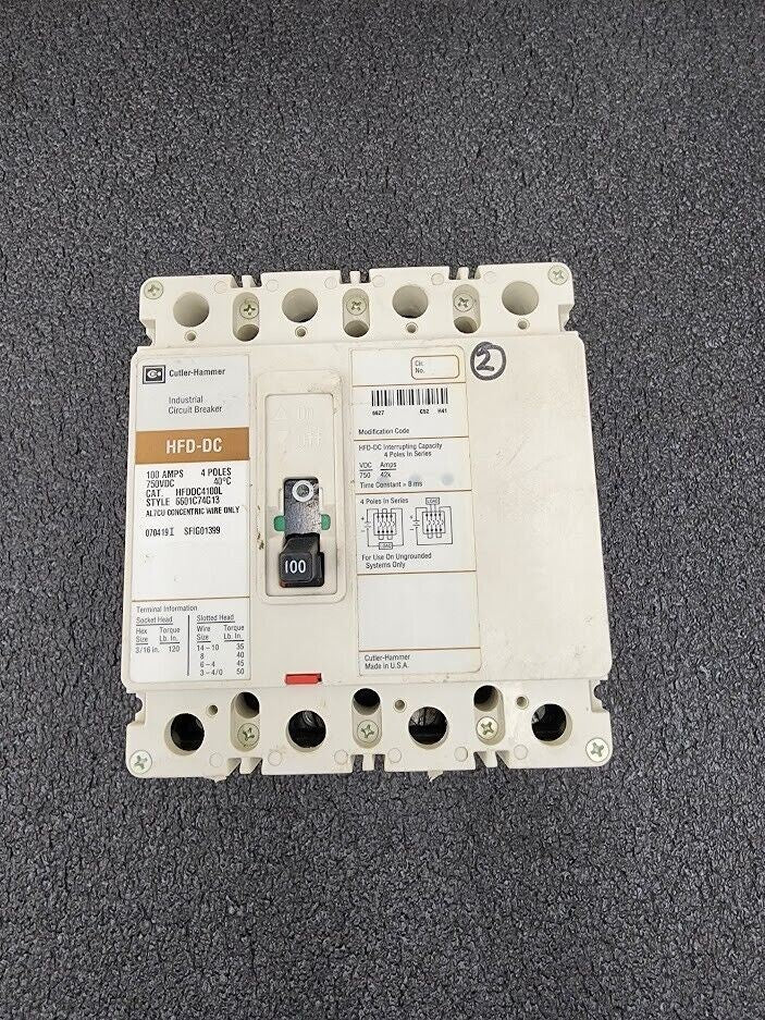 Cutler-Hammer Industrial Circuit Breaker HFD-DC 100 AMPS, 4 Poles, 750VDC