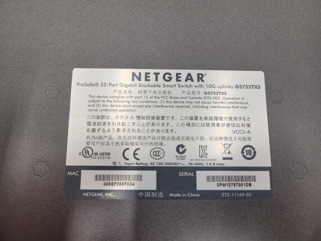 NetGear GS752TXS 52 Port Gigabit Ethernet Stackable Smart Switch 4 SFP+ 10G Port
