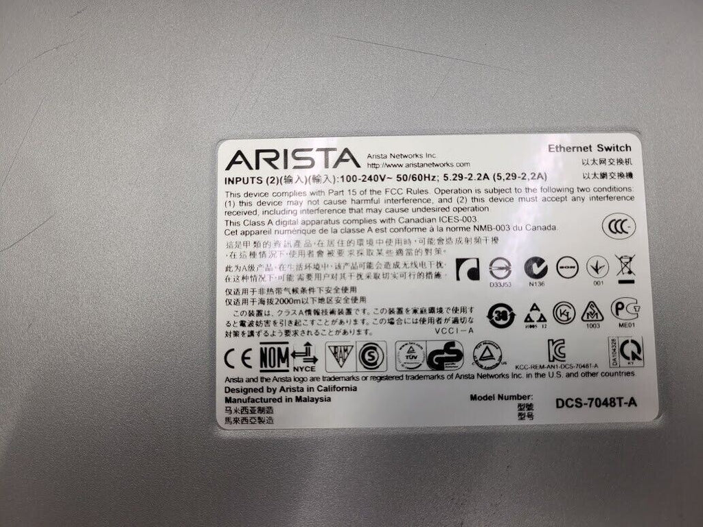 Arista DCS-7048T-A 48-Port 100/1000 RJ45 4x SFP+ 2x AC PSU R-F 7048 Switch