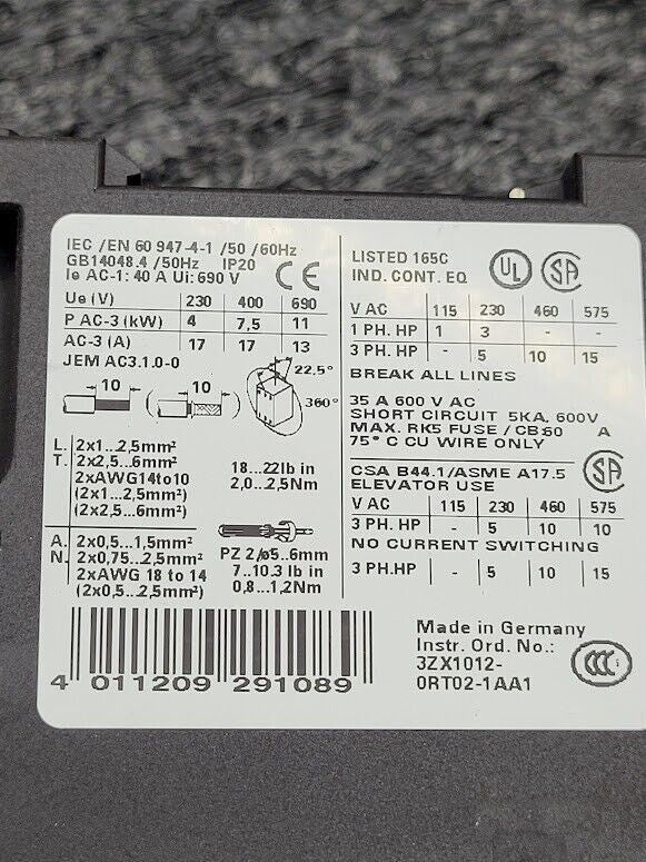 Siemens Contactor 3RT1025-1B..0 G/140411 E05* NQ140224 Auxiliary Contact