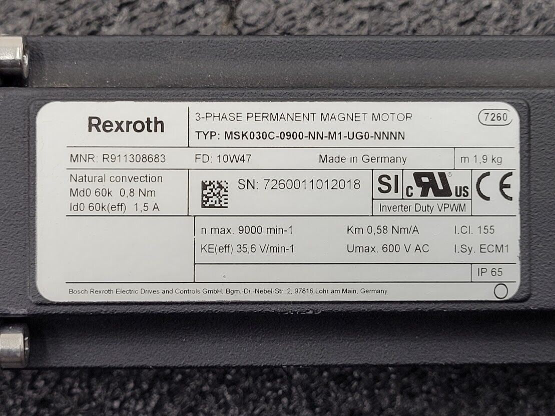 Rexroth 3 Phase 3PH Servo Motor MSK030C-0900-NN-M1-UG1-NNNN 1Nm w/ Gearhead