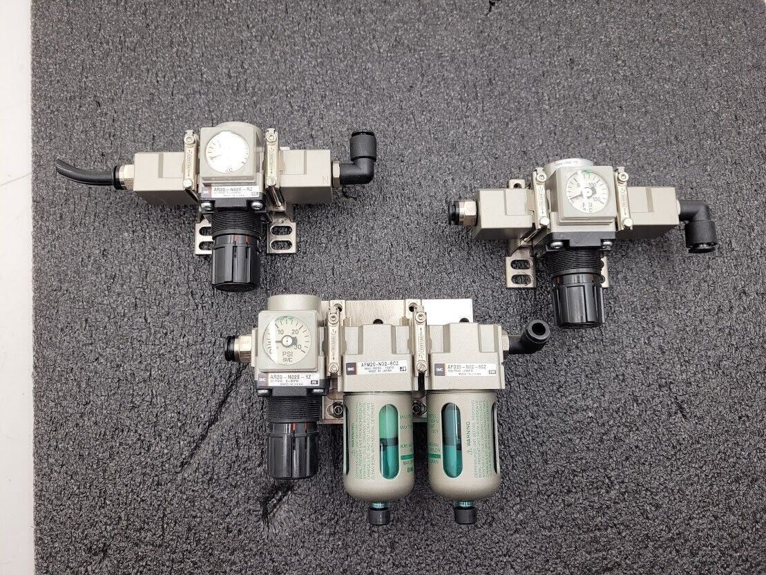 Lot of 3 SMC AR20-N02E-RZ, AR20-N02E-1Z Regulators 2x AFM20-N02-6CZ Air Filters