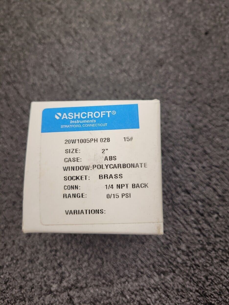 Ashcroft Pressure Gauge 20W1005PH02B15 2" Display 1/4" NPT Back Input 0-15 PSI