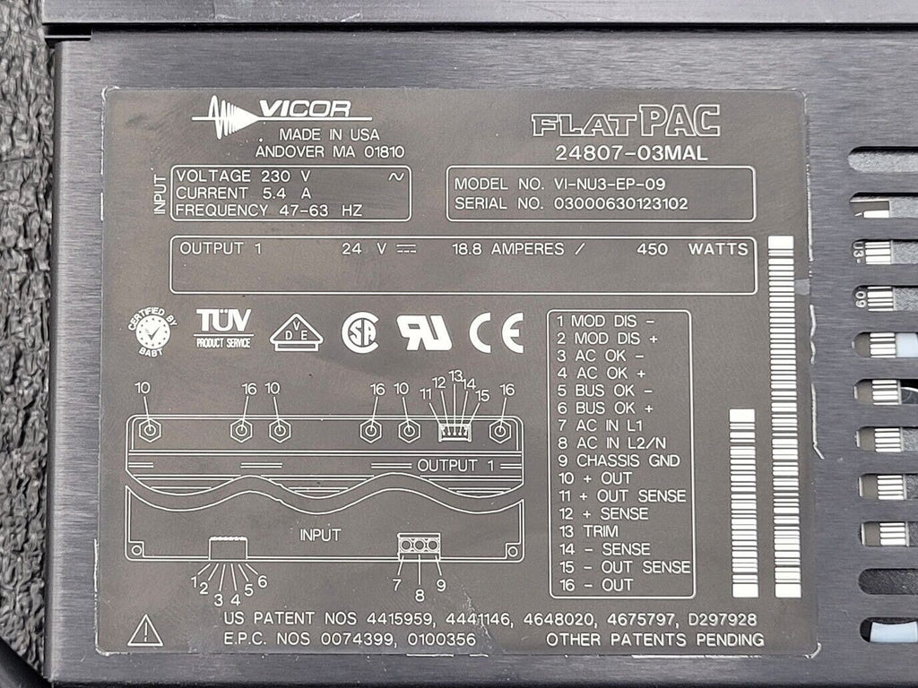 VICOR FLATPAC VI-NU3-EP-09 Switching Power Supply 230VAC Input 24VDC 18A Output