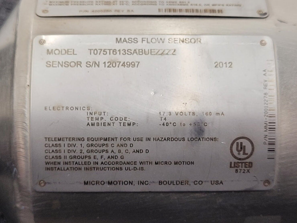 Micro Motion Mass Flow Coriolis Meter Sensor T075T613SABUEZZZ +Transmitter 1/2"