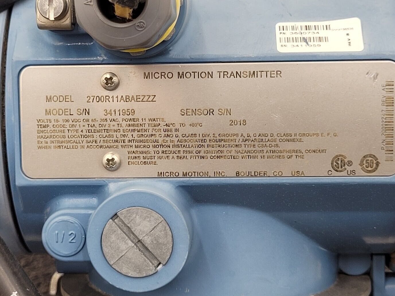 Micro Motion Mass Flow Coriolis Sensor T075T613SABZEZZZZ Transmitter 1/2" Unit C