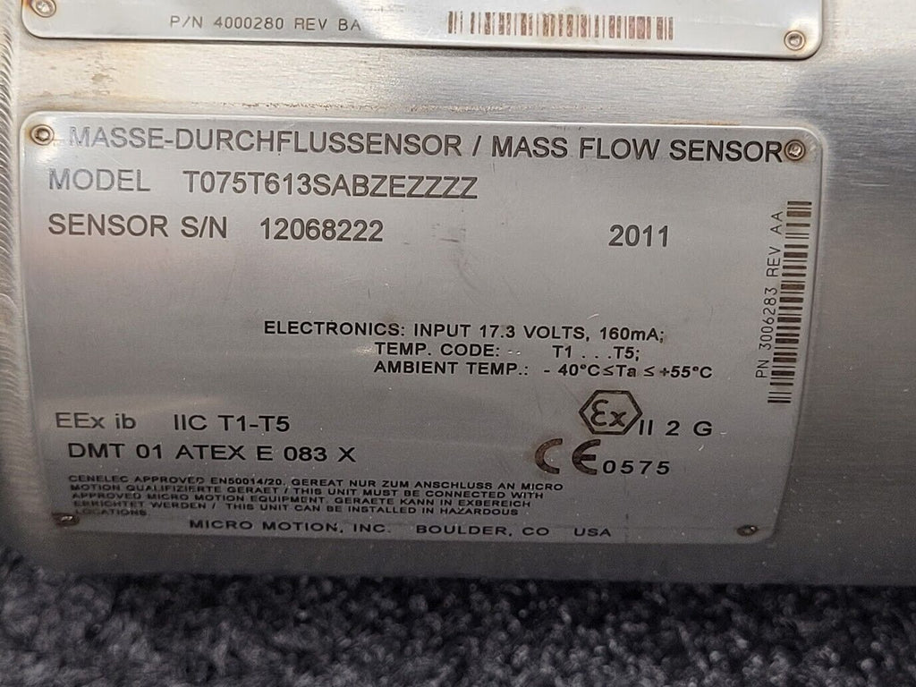 Micro Motion Mass Flow Coriolis Sensor T075T613SABZEZZZZ Transmitter 1/2" Unit C