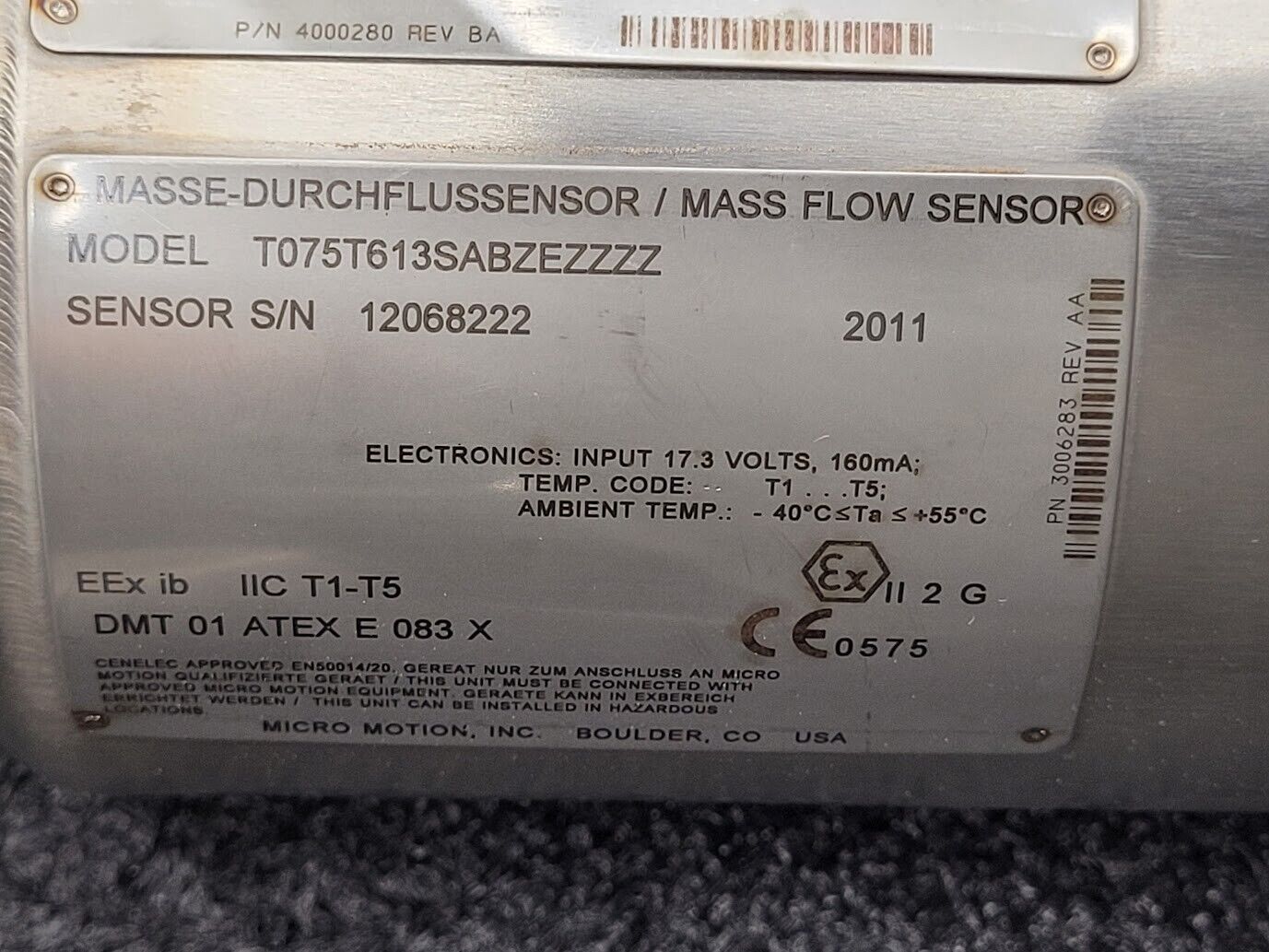 Micro Motion Mass Flow Coriolis Sensor T075T613SABZEZZZZ Transmitter 1/2" Unit C