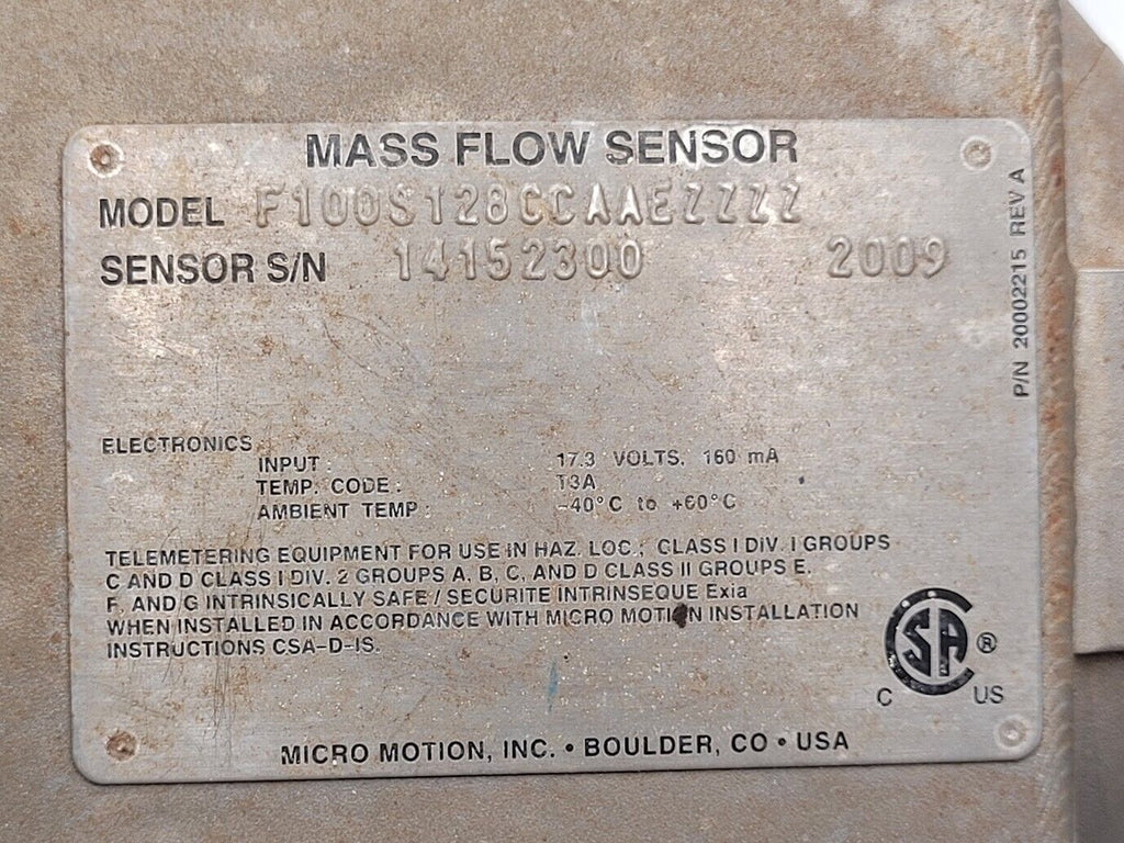 Micro Motion Mass Flow Coriolis Meter Sensor F100S128CCAAEZZZZ 1" +TX Unit B