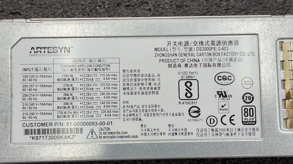 Artesyn DS3000PE-3-403 12V 3000W Server Power Supply 81-00000093-00-01