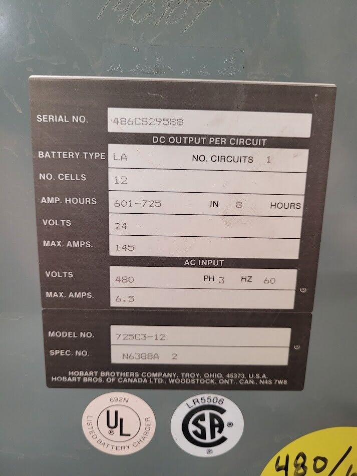 Hobart Forklift Battery Charger 725C3-12 24VDC 12 CELLS 1 Circuit 60Hz 3PH 750AH