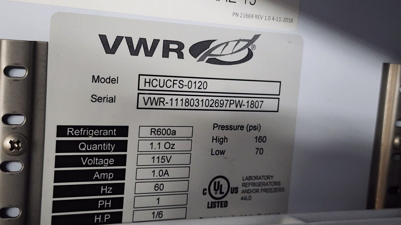 VWR Scientific Laboratory Fridge Freezer Combo HCUCFS-0120 HCLP-10S R600a 115VAC