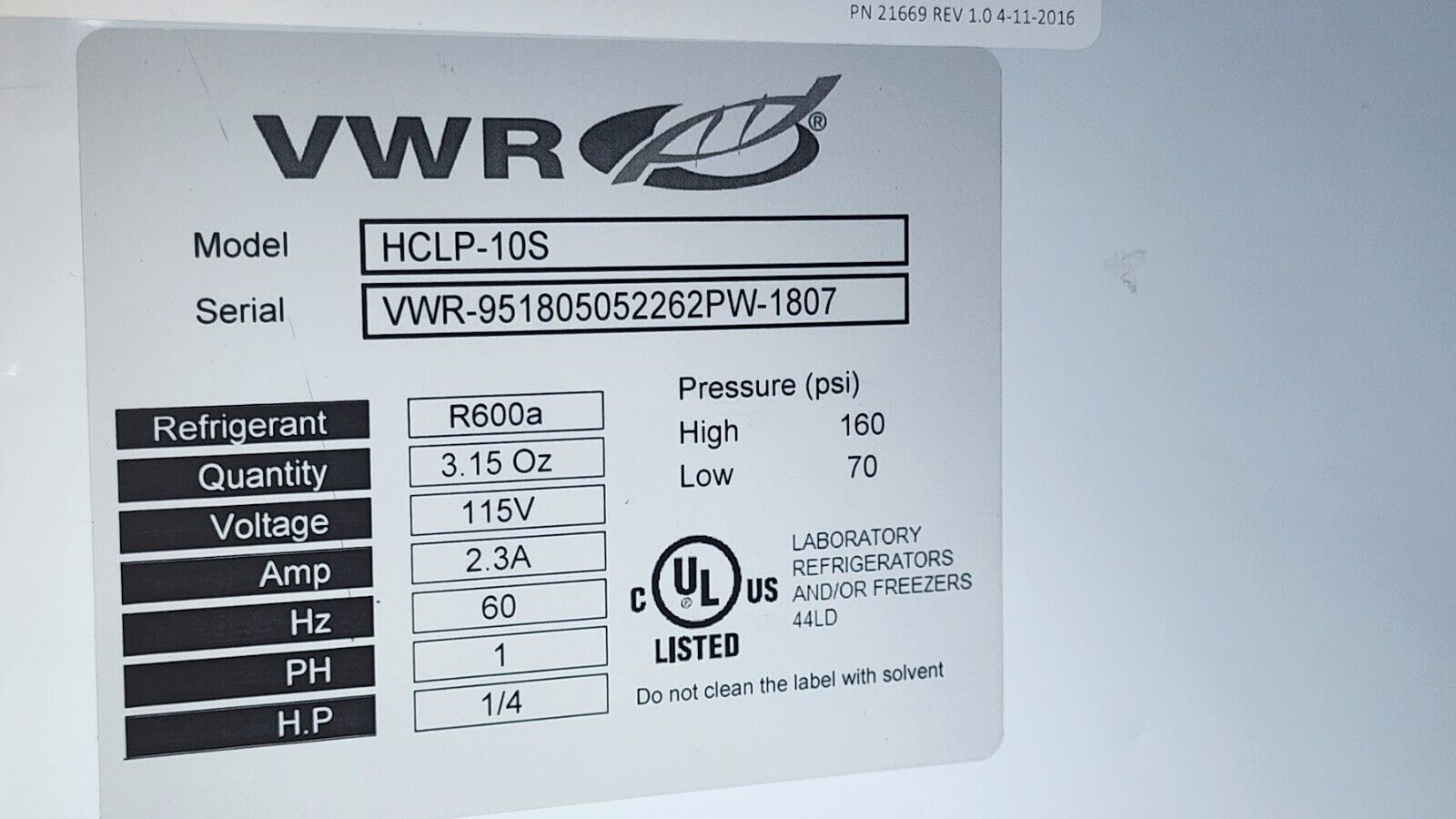 VWR Scientific Laboratory Fridge Freezer Combo HCUCFS-0120 HCLP-10S R600a 115VAC