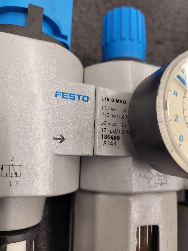 Lot of 2x Festo Air Pneumatic Regulator w/ Gauge HE-D-MAXI LFR-D-MAXI FRM-D-MAXI