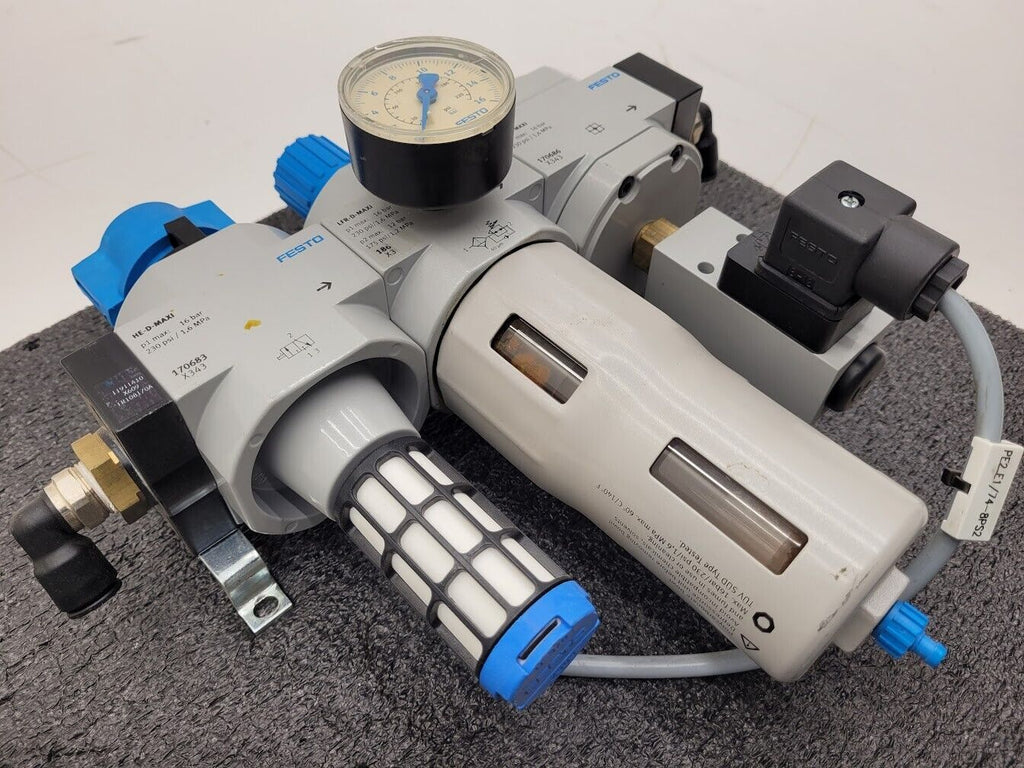 Lot of 2x Festo Air Pneumatic Regulator w/ Gauge HE-D-MAXI LFR-D-MAXI FRM-D-MAXI