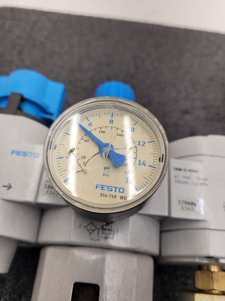 Lot of 2x Festo Air Pneumatic Regulator w/ Gauge HE-D-MAXI LFR-D-MAXI FRM-D-MAXI