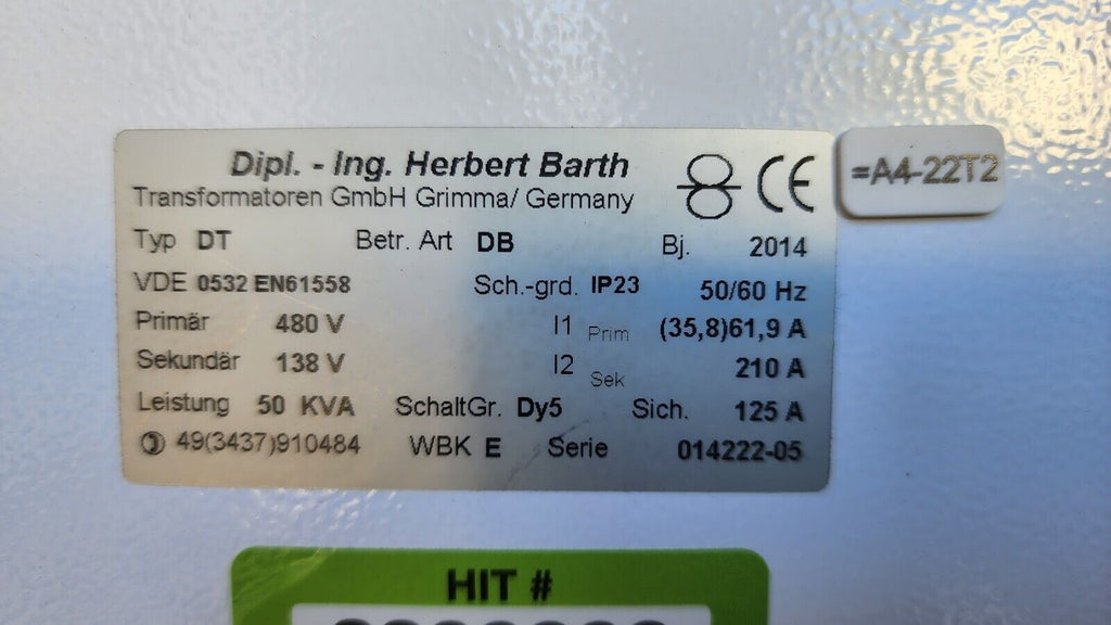 Dipl.-Ing. Herbert Barth 480VAC Input 138V Output 50KVA Transformer 50/60Hz