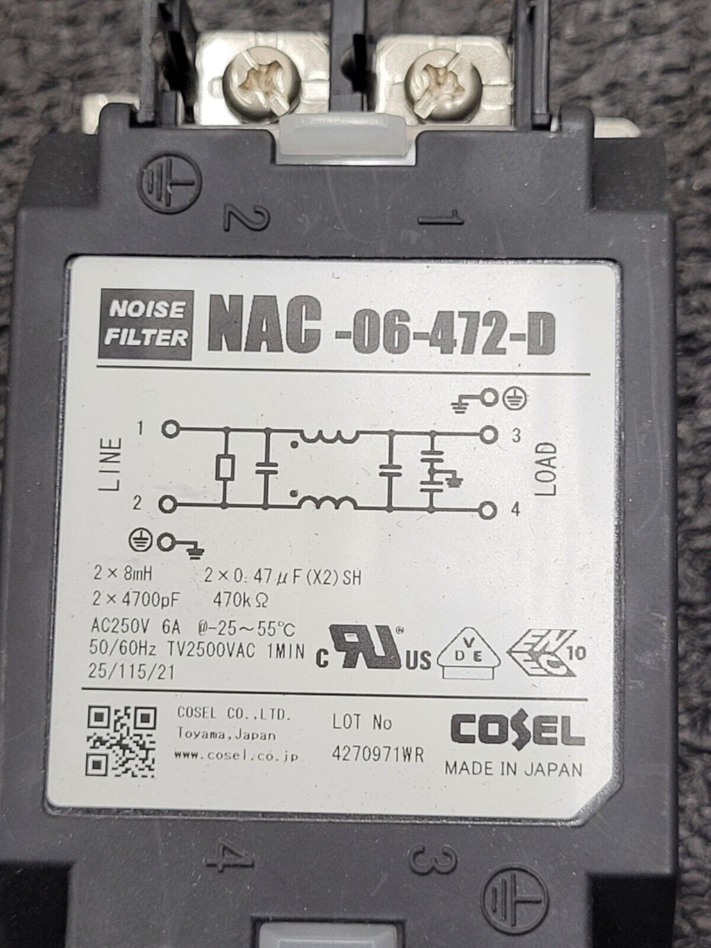 Cosel NAC-06-472-D Power Line Noise Filter 6A 6 AMP 250VAC 50/60Hz 2 Lines