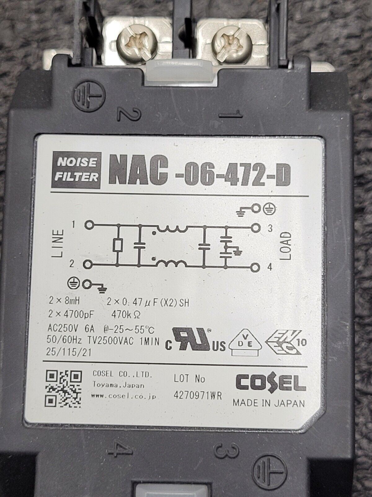 Cosel NAC-06-472-D Power Line Noise Filter 6A 6 AMP 250VAC 50/60Hz 2 Lines