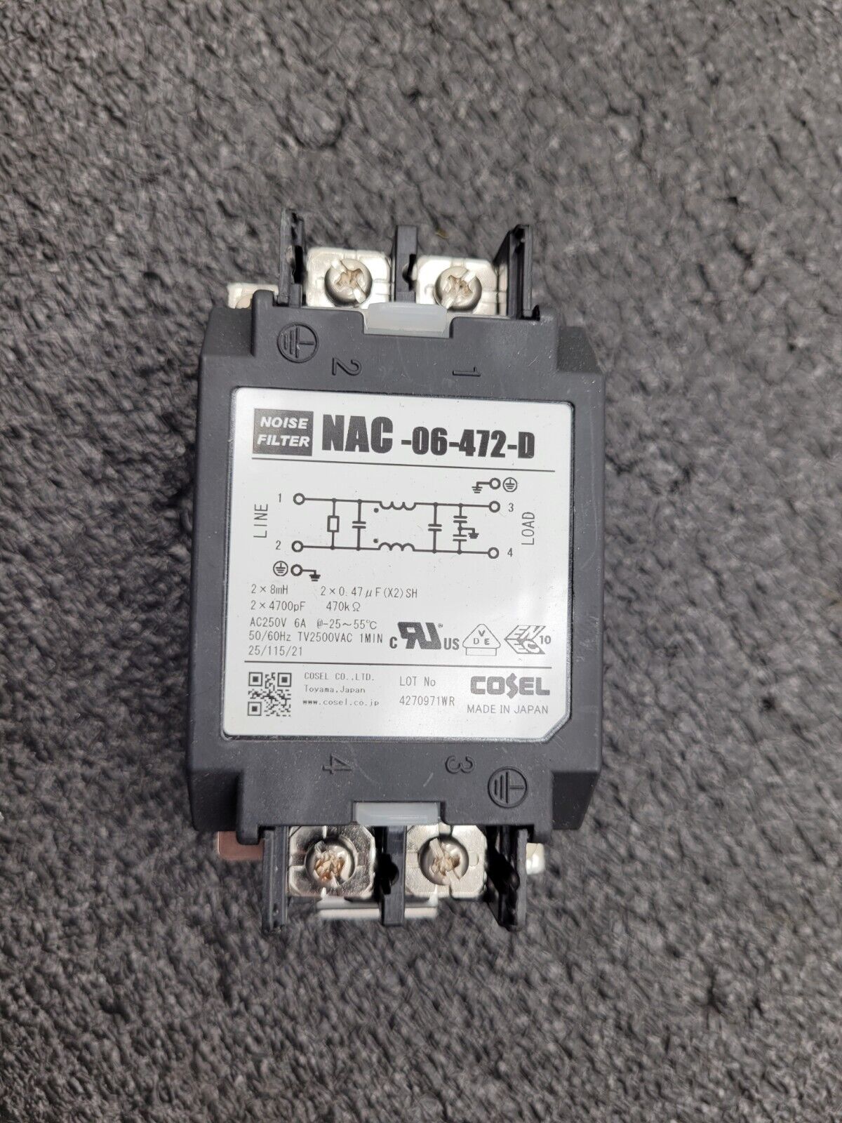 Cosel NAC-06-472-D Power Line Noise Filter 6A 6 AMP 250VAC 50/60Hz 2 Lines