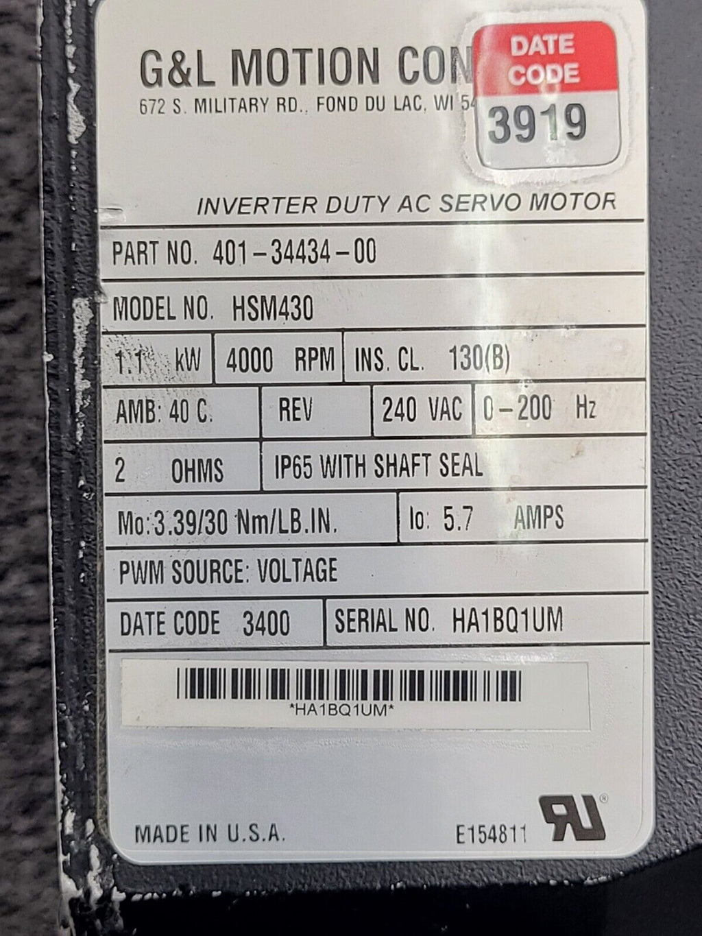 G&L Giddings Lewis Danaher 401-34434-20 HSM430 Inverter Duty AC Servo Motor B