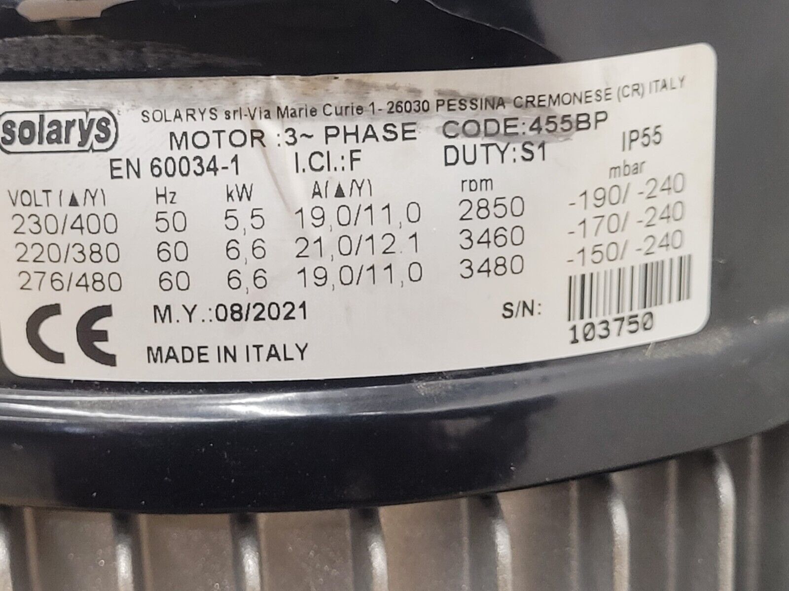 Solarys Regenerative Blower  455 BP 50/60Hz 230-480VAC 3PH 5.5-6.6kW 8HP