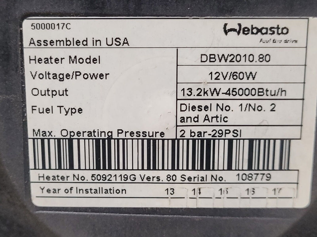 Webasto Arctic Fox DBW2010.80 Diesel Heater 13.2kW 12 Volt 60W With Cover B1