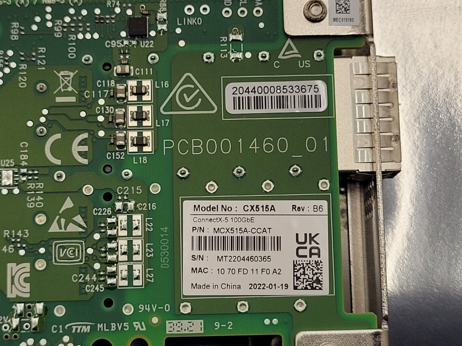 Mellanox MCX515A-CCAT ConnectX-5 EN Single Port 100GbE Standard Height NIC Card