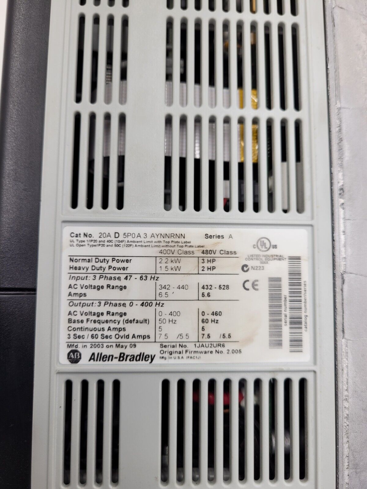 Allen Bradley 20AD5P0A3AYNNRNN /A PowerFlex 70 480V 3HP AC VFD Motor Drive