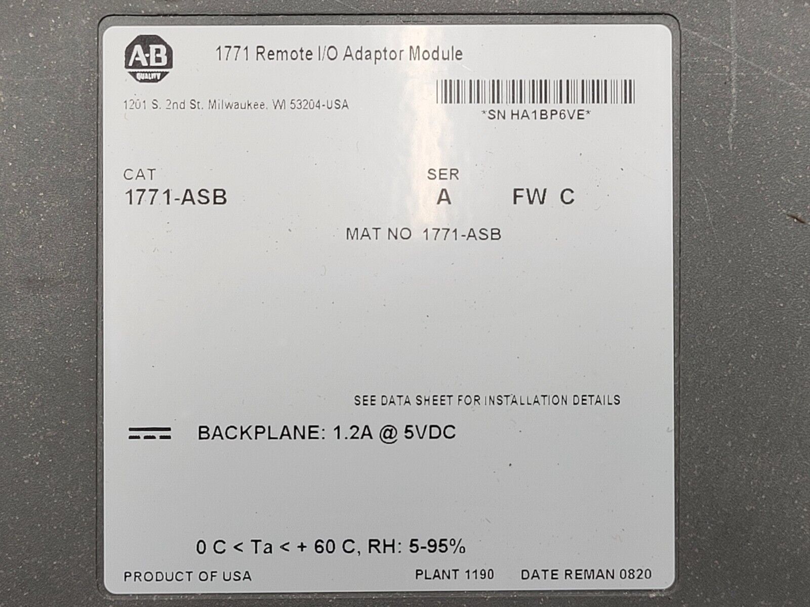 1771-ASB Ser A Allen Bradley PLC 5 Remote I/O adapter 1771ASB Reman 0820